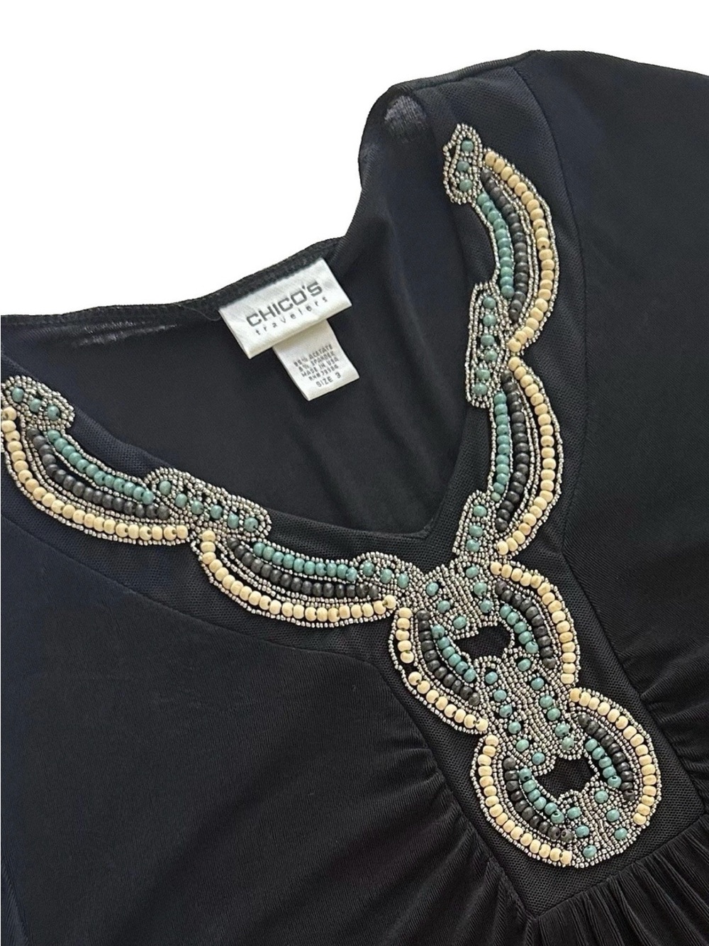 Chico’s Travelers Southwest Beaded Black Dress 2 Lg Shift Tunic Aztec Resortwear